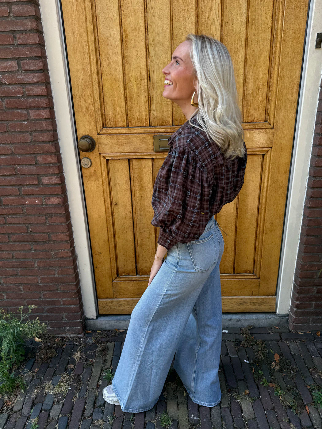 Gijsje blouse geruit bruin/blauw pofmouw
