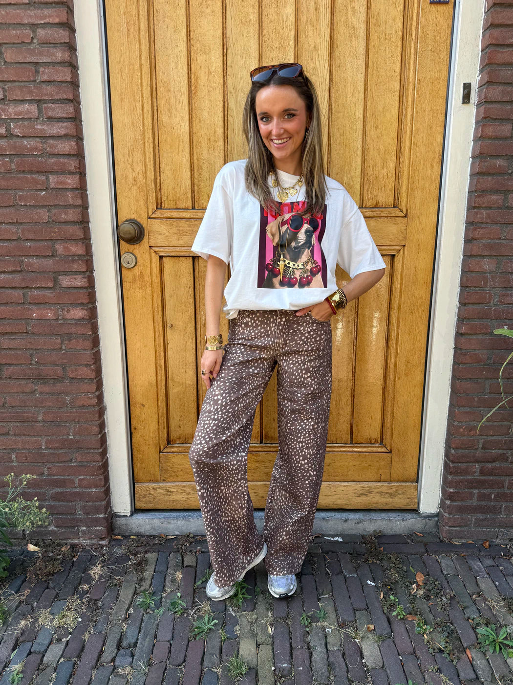 Mia wide leg bambi print jeans bruin/wit