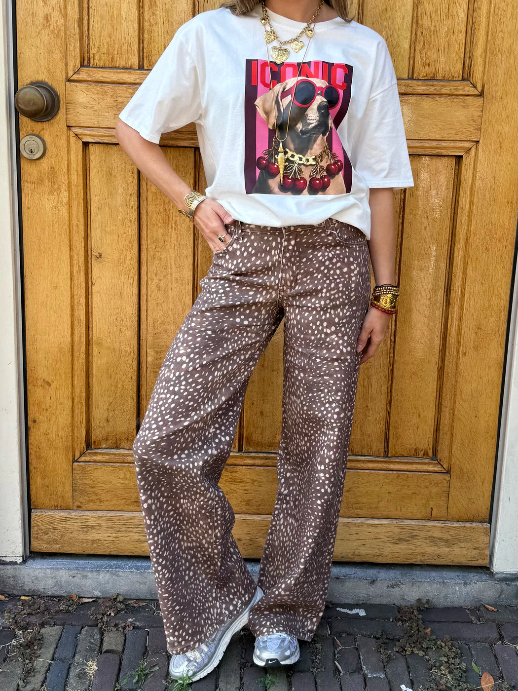 Mia wide leg bambi print jeans bruin/wit