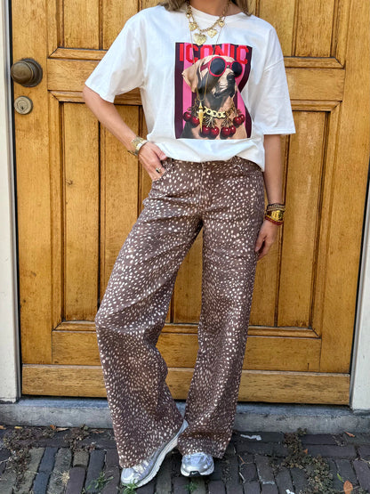 Mia wide leg bambi print jeans bruin/wit