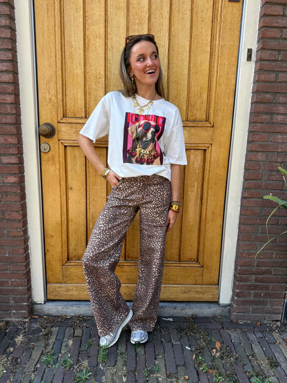 Mia wide leg bambi print jeans bruin/wit