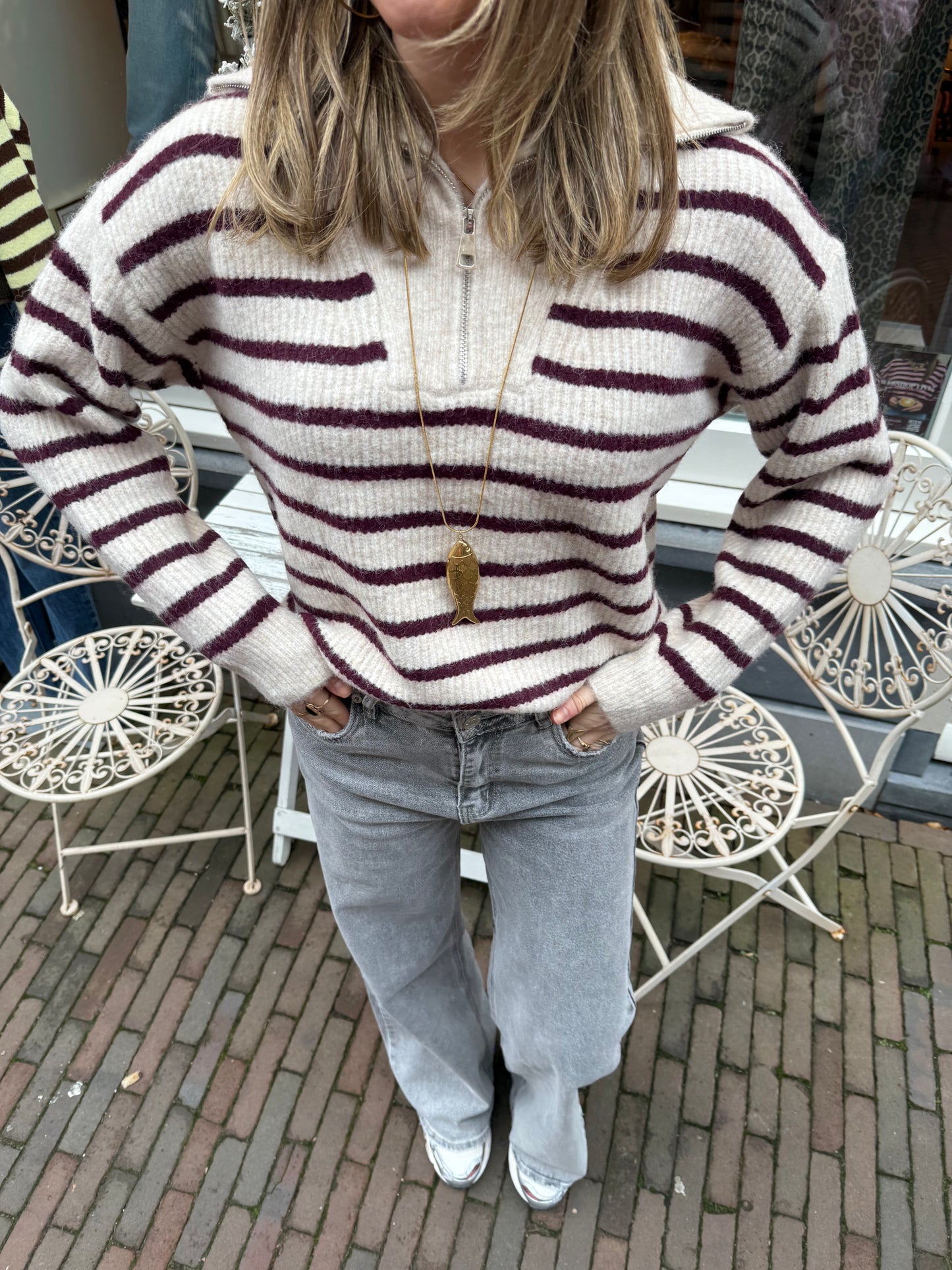 Schipperstrui beige/bordeaux gestreept