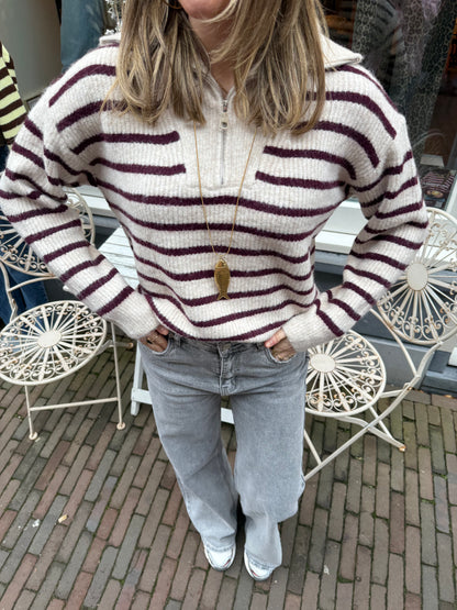 Schipperstrui beige/bordeaux gestreept