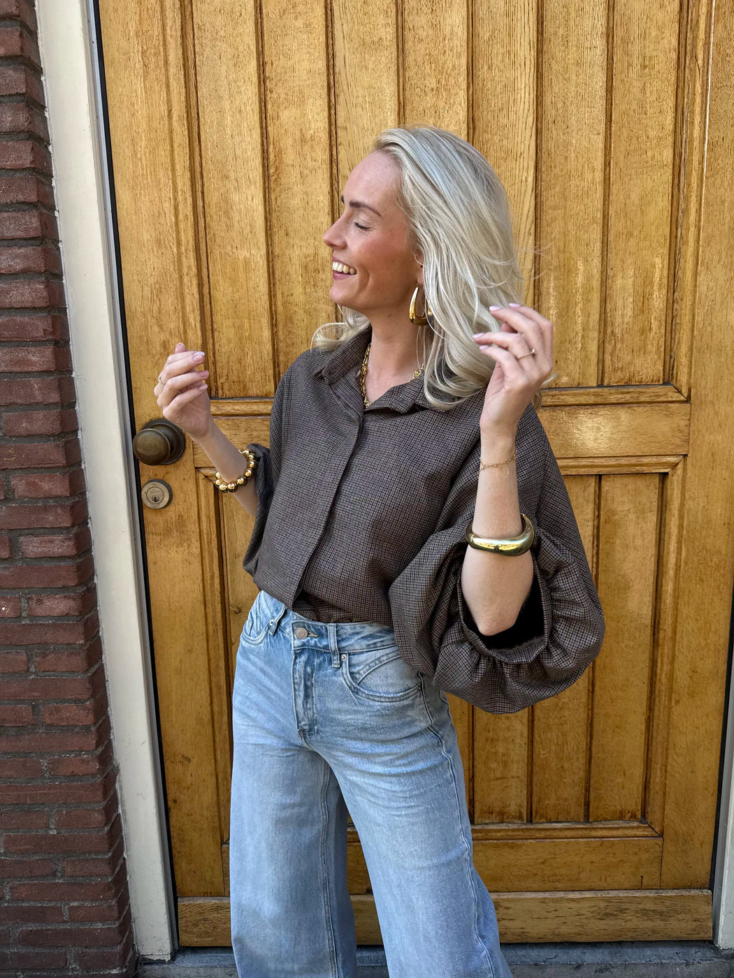 Mira oversized blouse geruit bruin