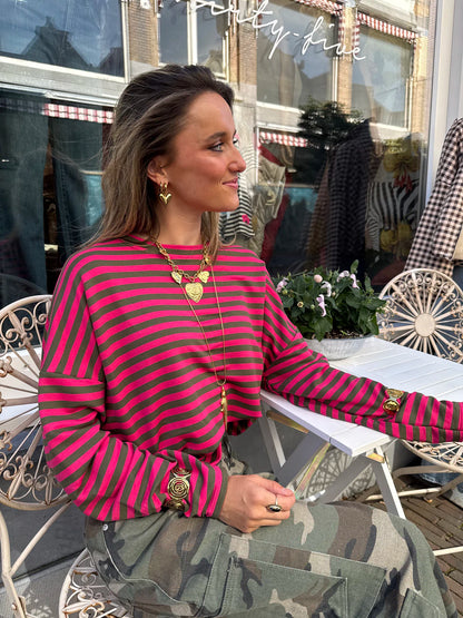Roos gestreepte longsleeve roze/groen