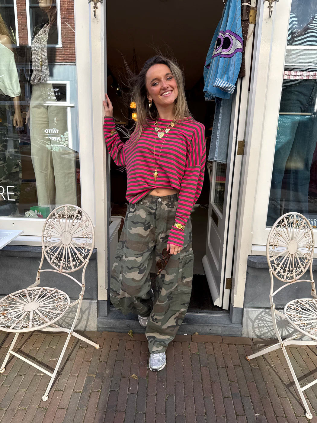 Roos gestreepte longsleeve roze/groen