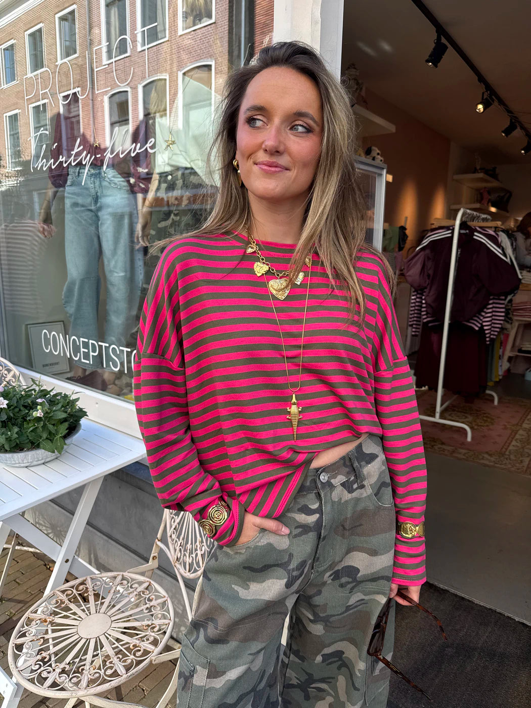 Roos gestreepte longsleeve roze/groen