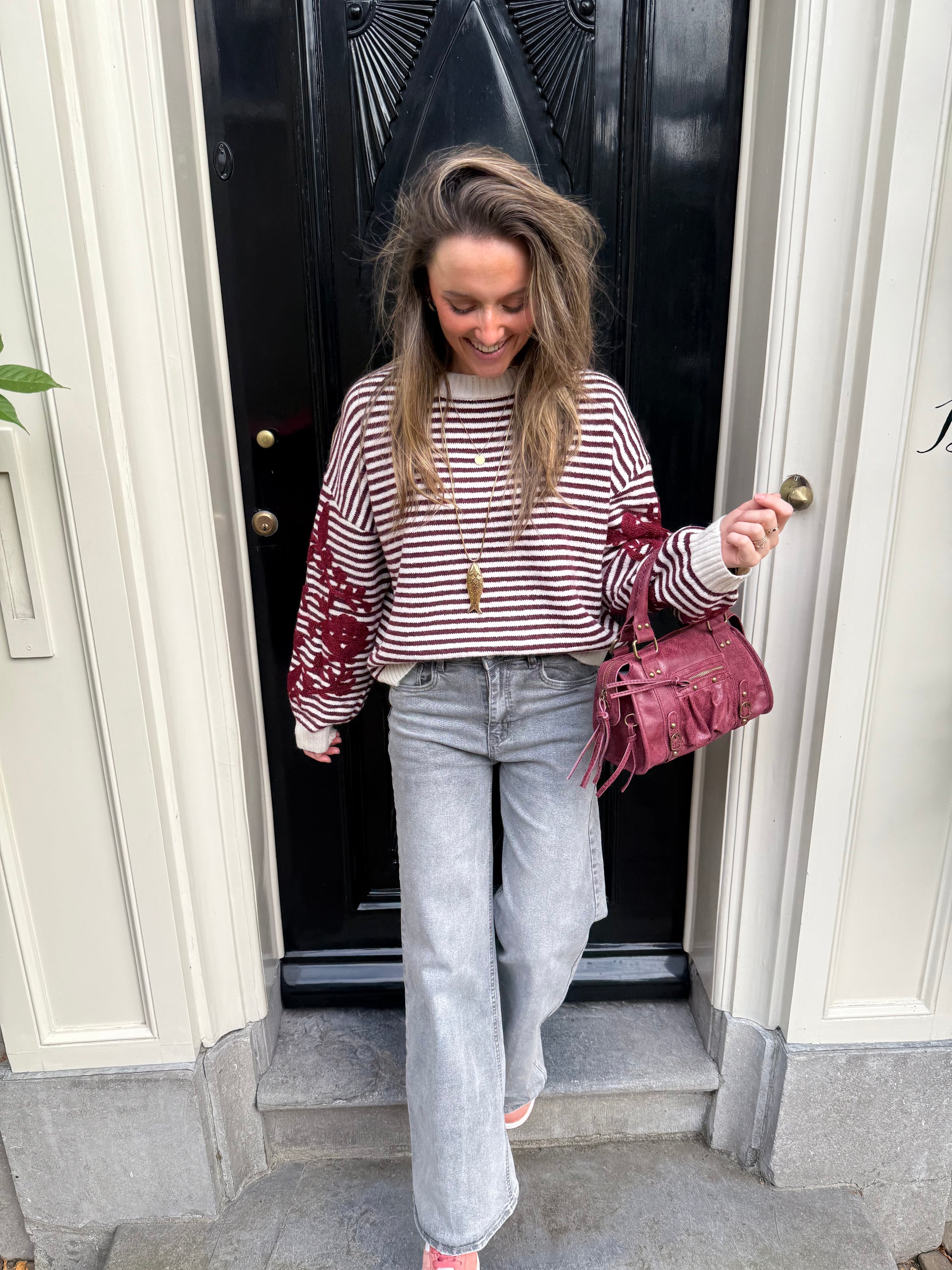 Isabella knit striped burgundy/white embroidered - Project 35