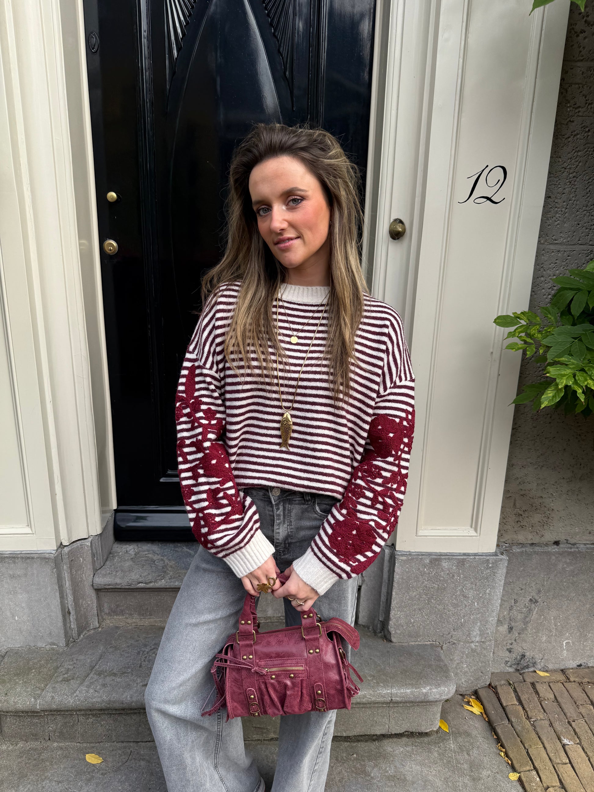 Isabella knit striped burgundy/white embroidered - Project 35