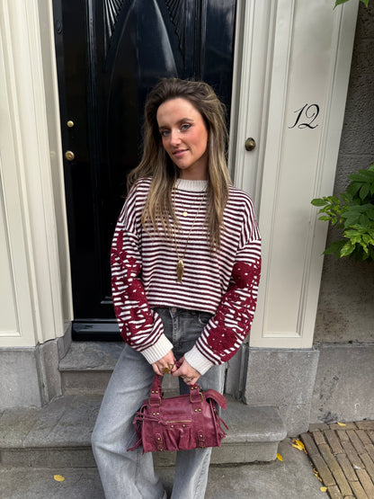 Isabella knit striped burgundy/white embroidered - Project 35