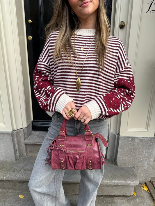Isabella knit striped burgundy/white embroidered - Project 35