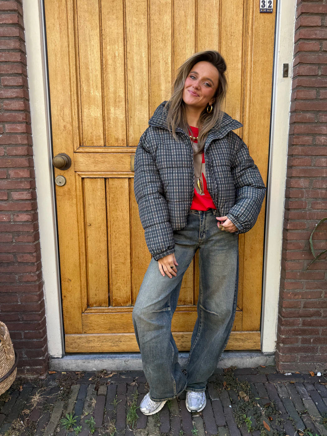 Yfke puffer jas geruit