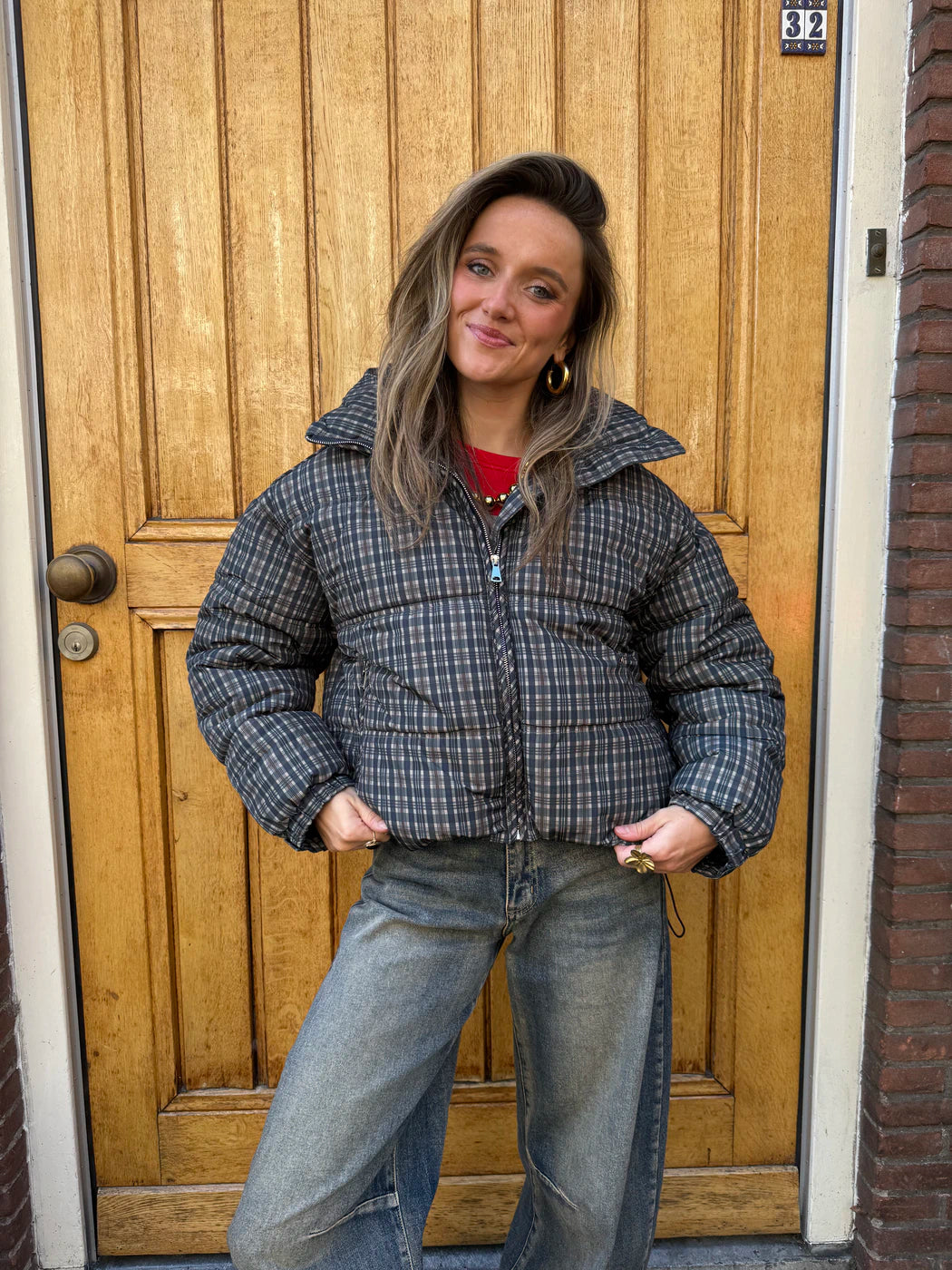 Yfke puffer jas geruit