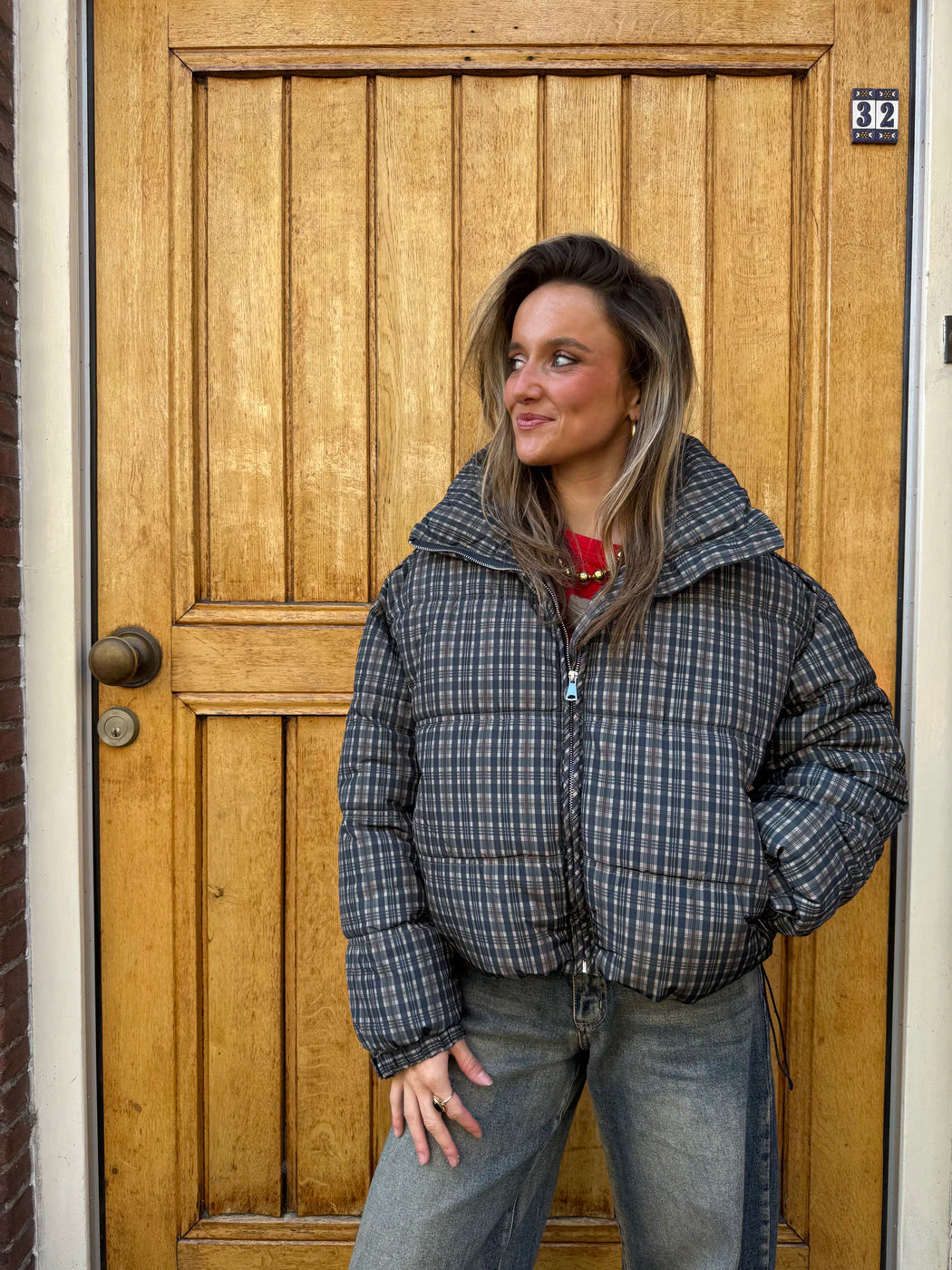 Yfke puffer jas geruit