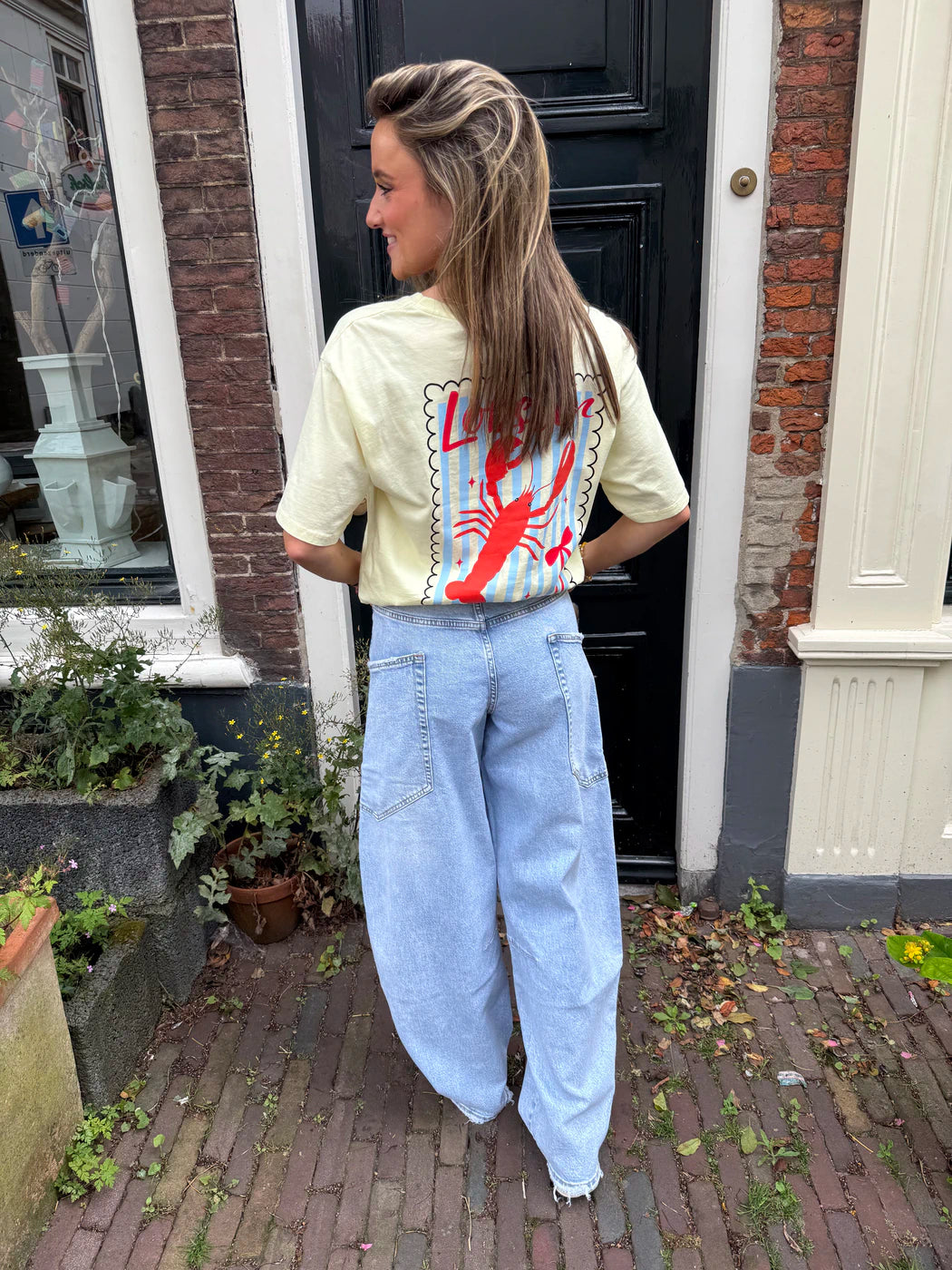 T-shirt lichtgeel kreeft print katoen
