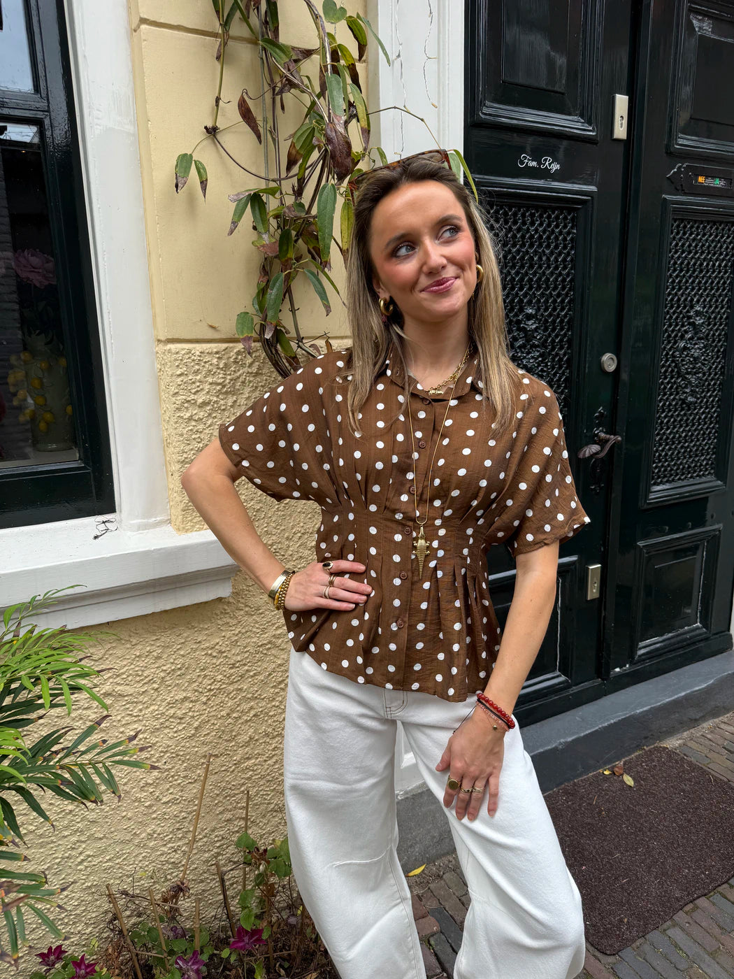Millie blouse polkadot aangesloten bruin/wit
