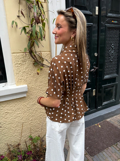 Millie blouse polkadot aangesloten bruin/wit