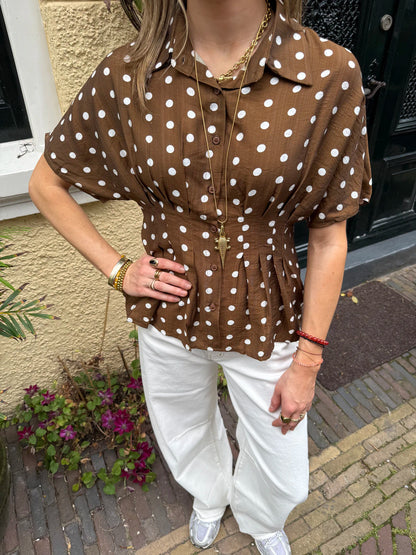 Millie blouse polkadot aangesloten bruin/wit
