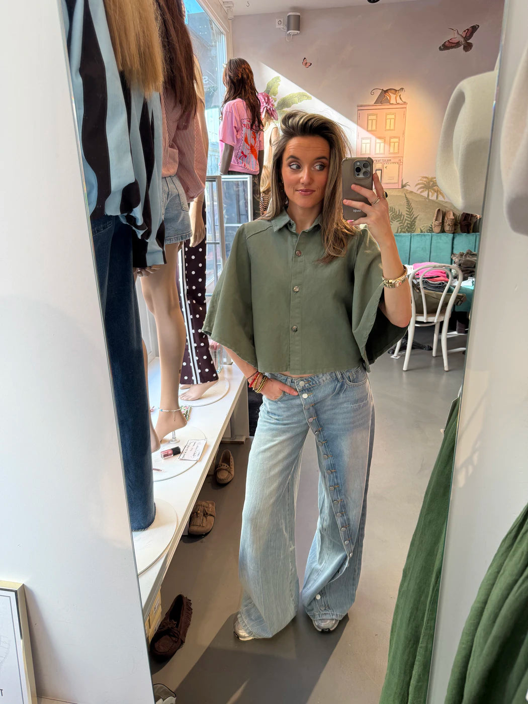 Yara denim blouse uitlopende mouw groen