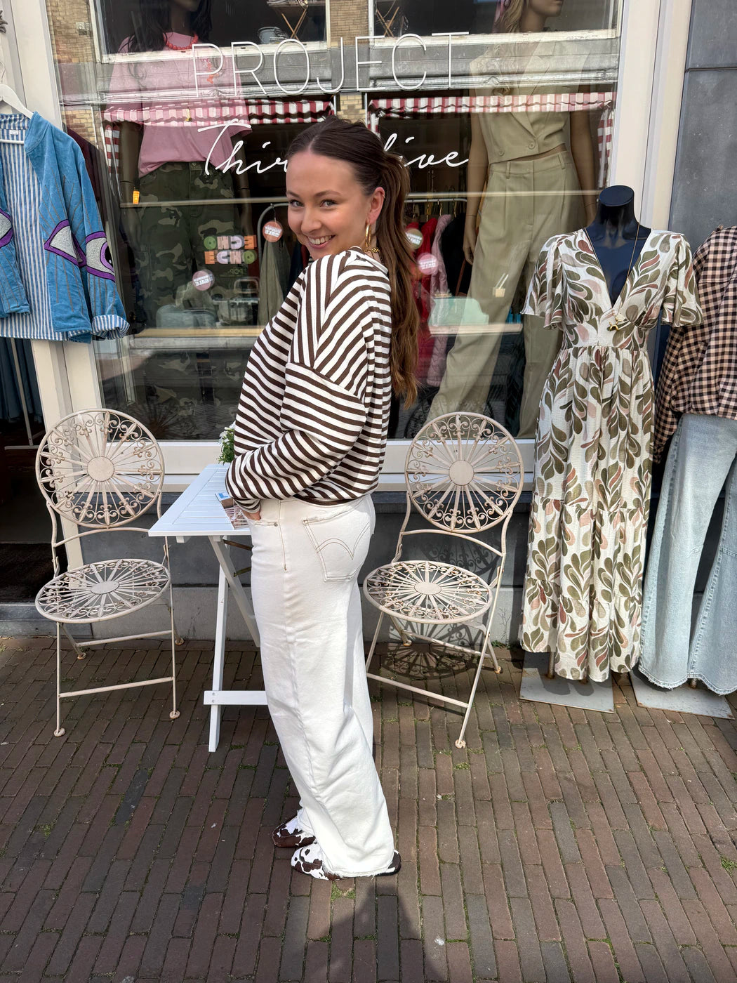 Roos gestreepte longsleeve bruin/wit