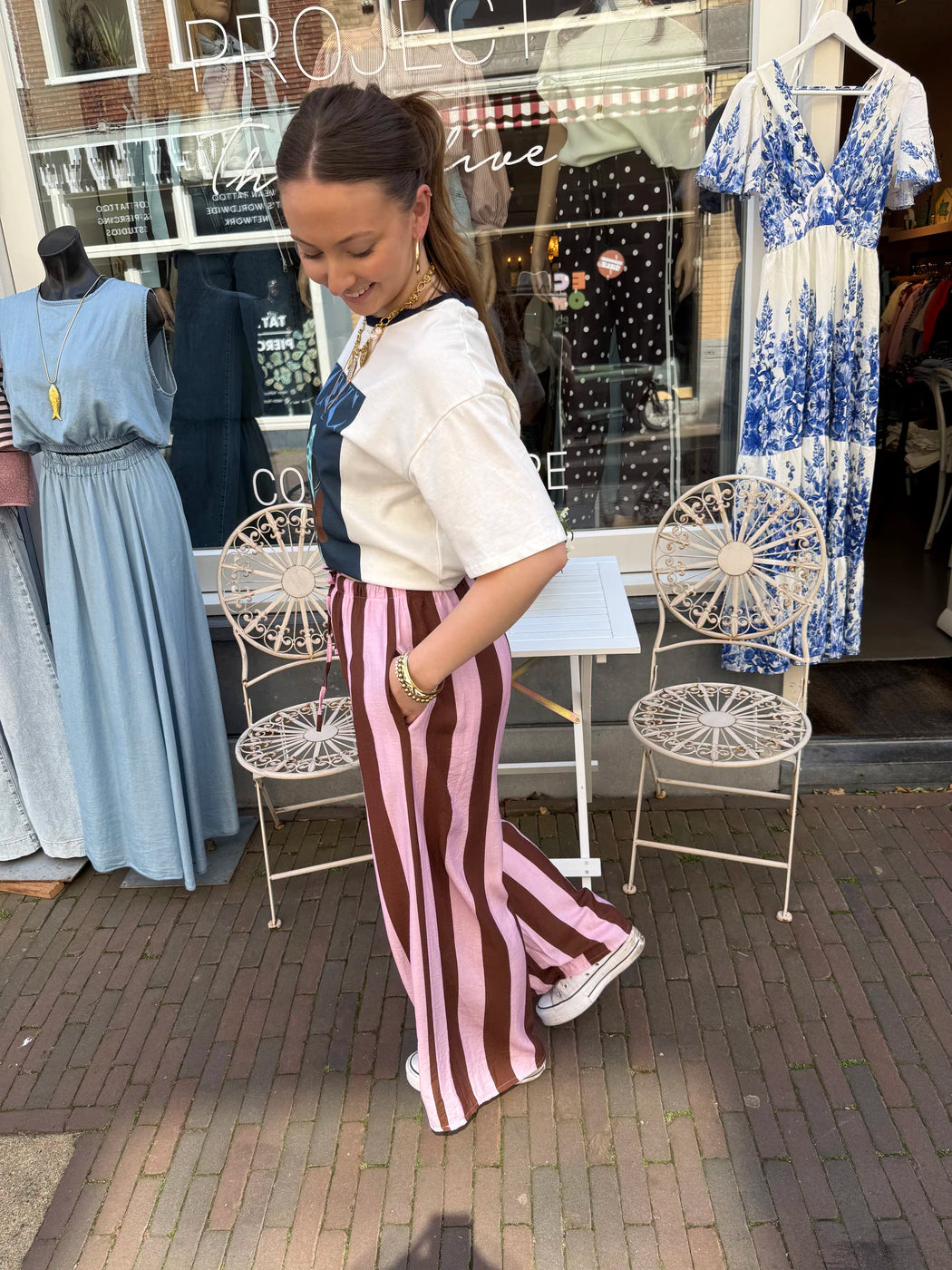 Macy gestreepte broek wide leg roze/bruin