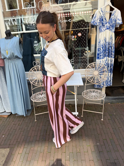 Macy gestreepte broek wide leg roze/bruin