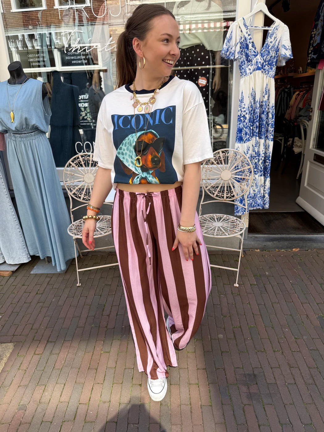 Macy gestreepte broek wide leg roze/bruin