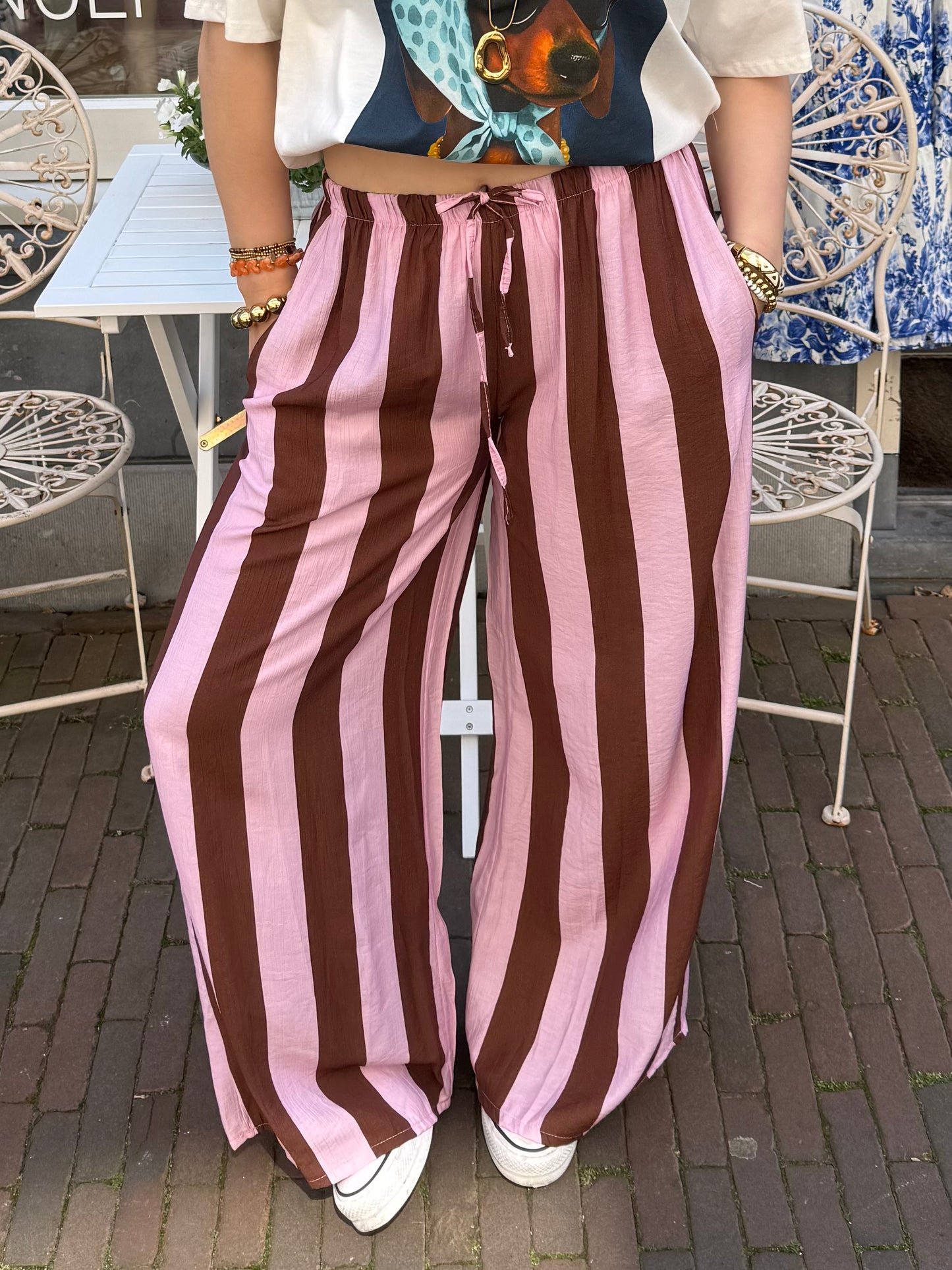 Macy gestreepte broek wide leg roze/bruin