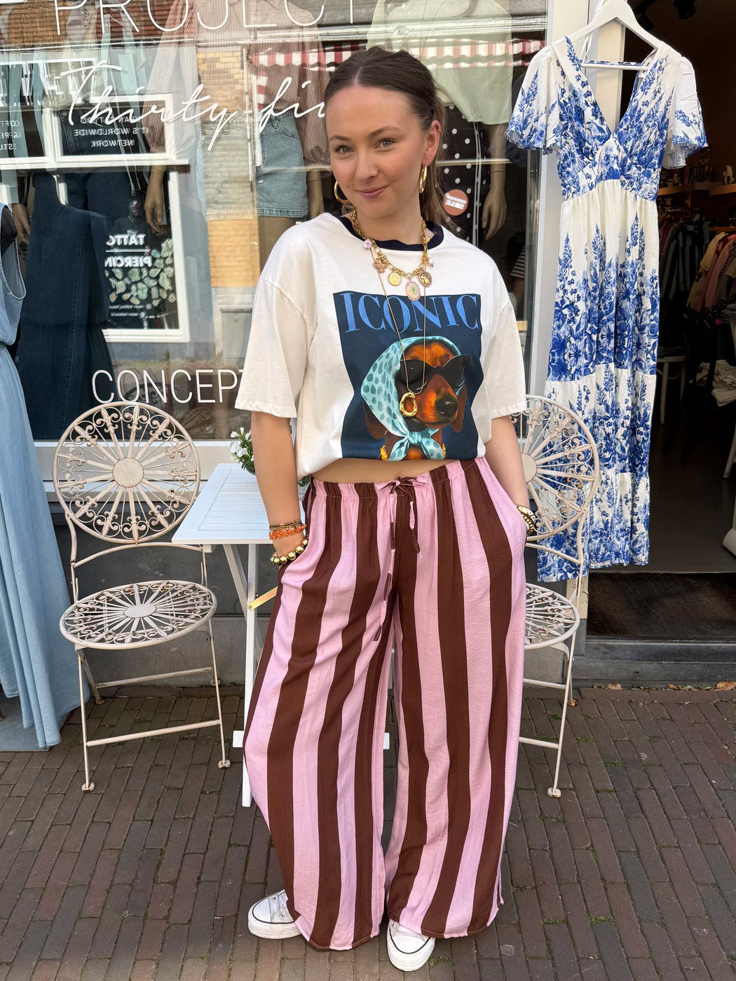 Macy gestreepte broek wide leg roze/bruin