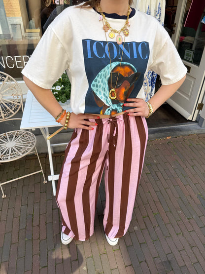 Macy gestreepte broek wide leg roze/bruin