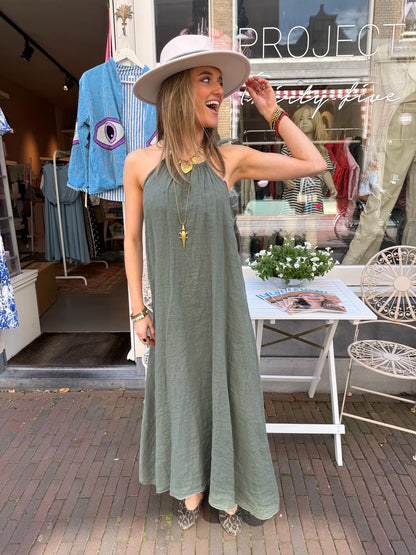 Jane maxi jurk linnen halter groen