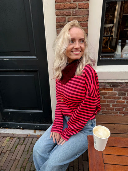 Roos gestreepte longsleeve bright pink/burgundy
