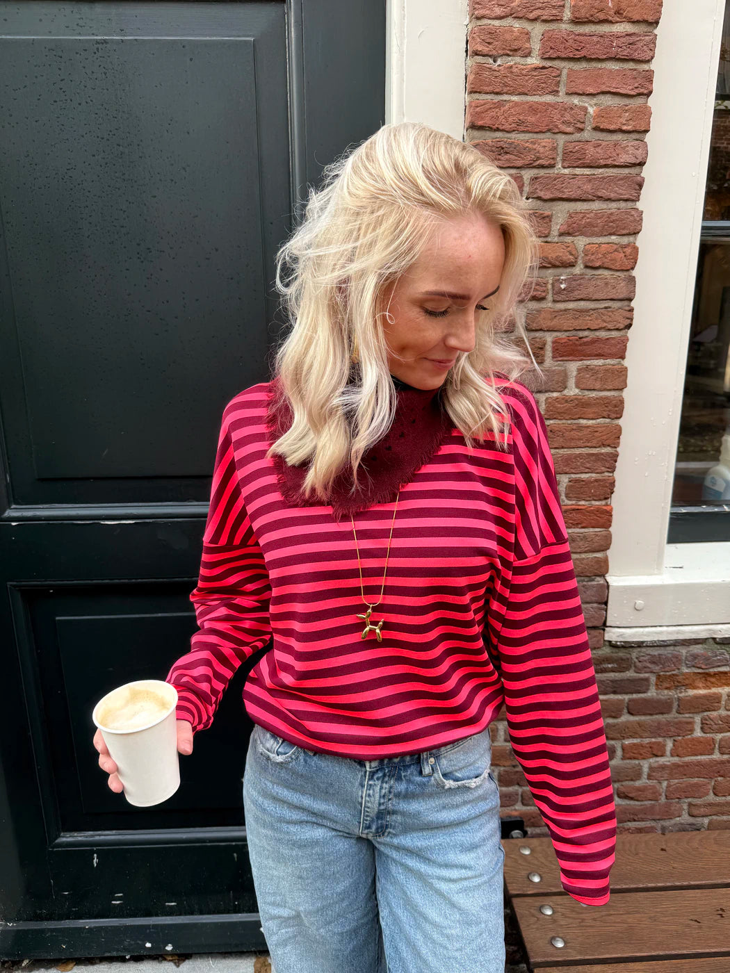 Roos gestreepte longsleeve bright pink/burgundy