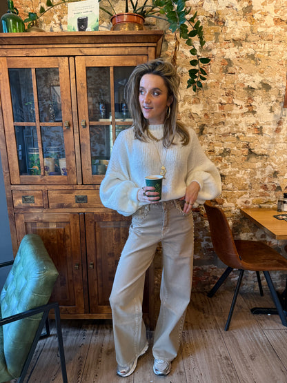 Wide leg stud jeans beige