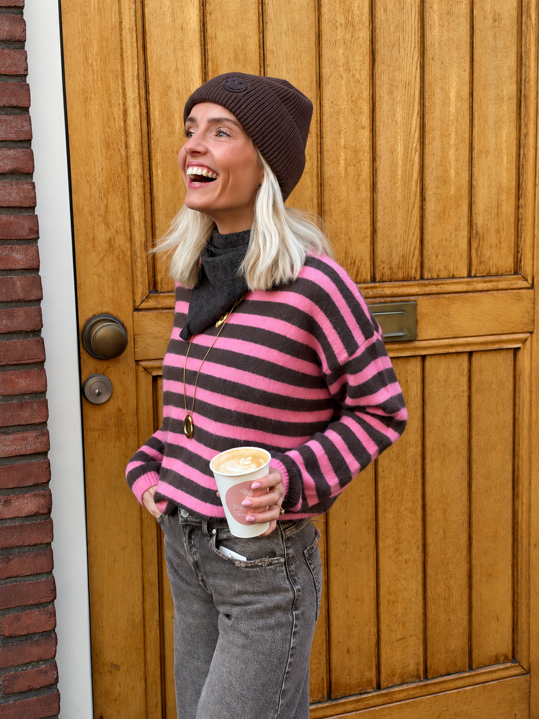 Lana gestreepte trui bruin/roze