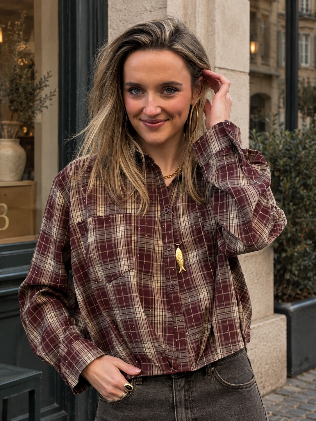 Polly geruite blouse steentjes bordeaux