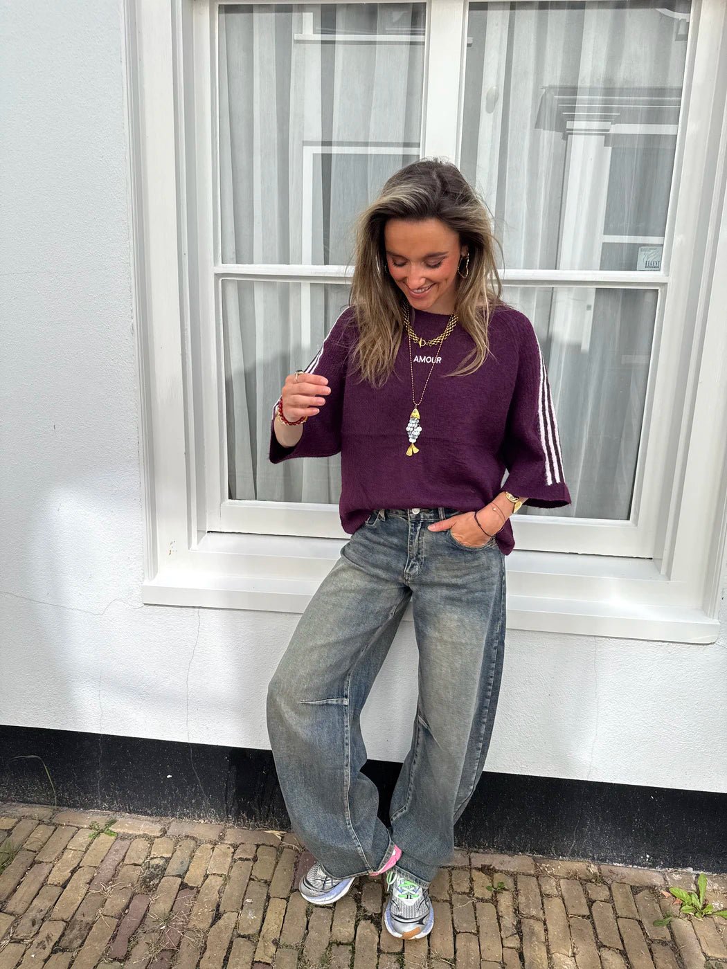 'Amour' knit oversized bordeaux/roze streep - Project 35