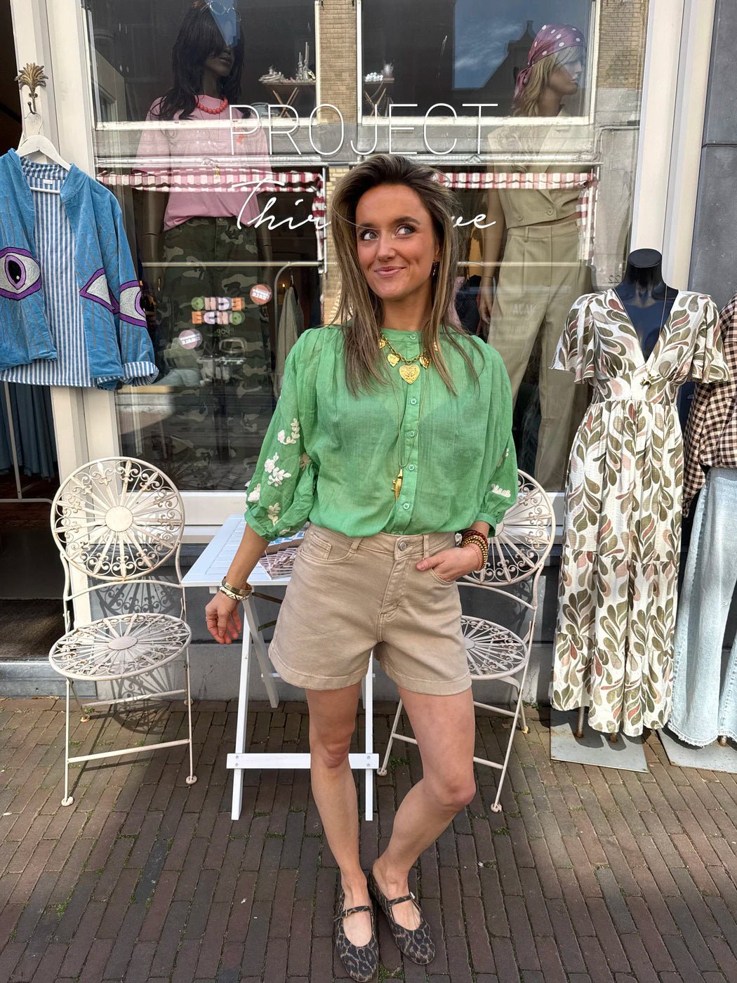 Celeste luchtige blouse geborduurd bloemen groen/wit - Project 35
