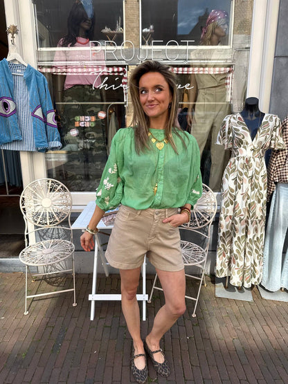 Celeste luchtige blouse geborduurd bloemen groen/wit - Project 35