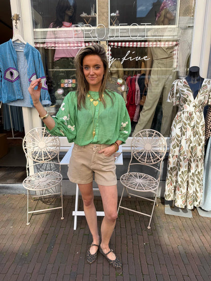Celeste luchtige blouse geborduurd bloemen groen/wit - Project 35