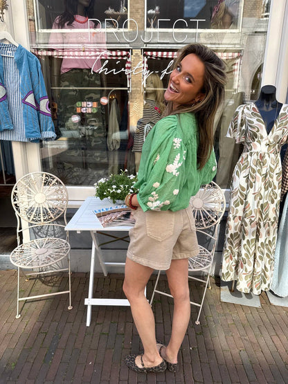 Celeste luchtige blouse geborduurd bloemen groen/wit - Project 35