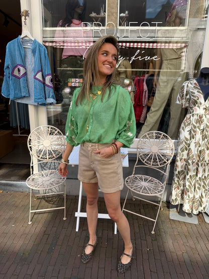 Celeste luchtige blouse geborduurd bloemen groen/wit - Project 35