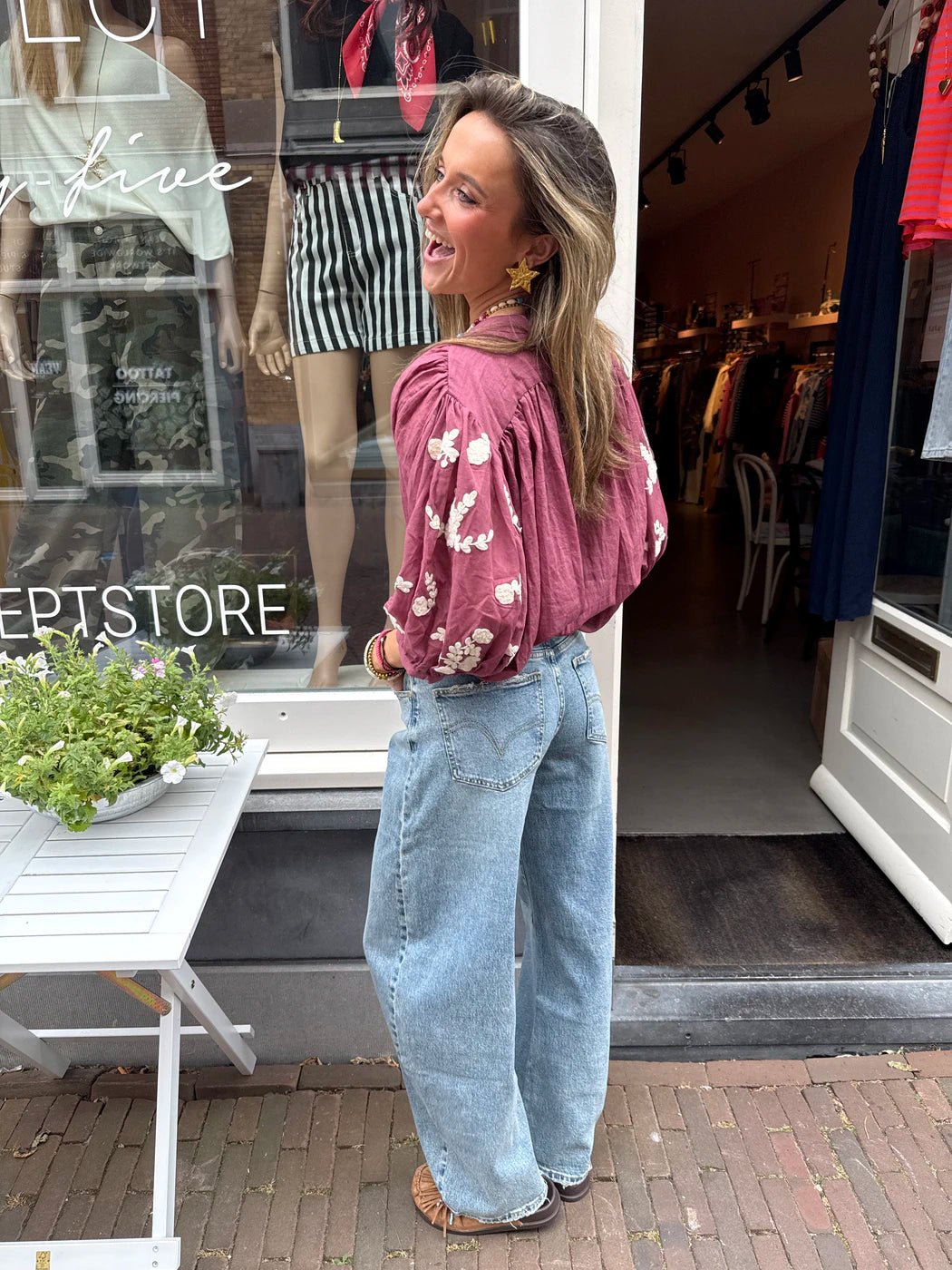 Celeste luchtige blouse geborduurd bloemen oud roze/wit - Project 35