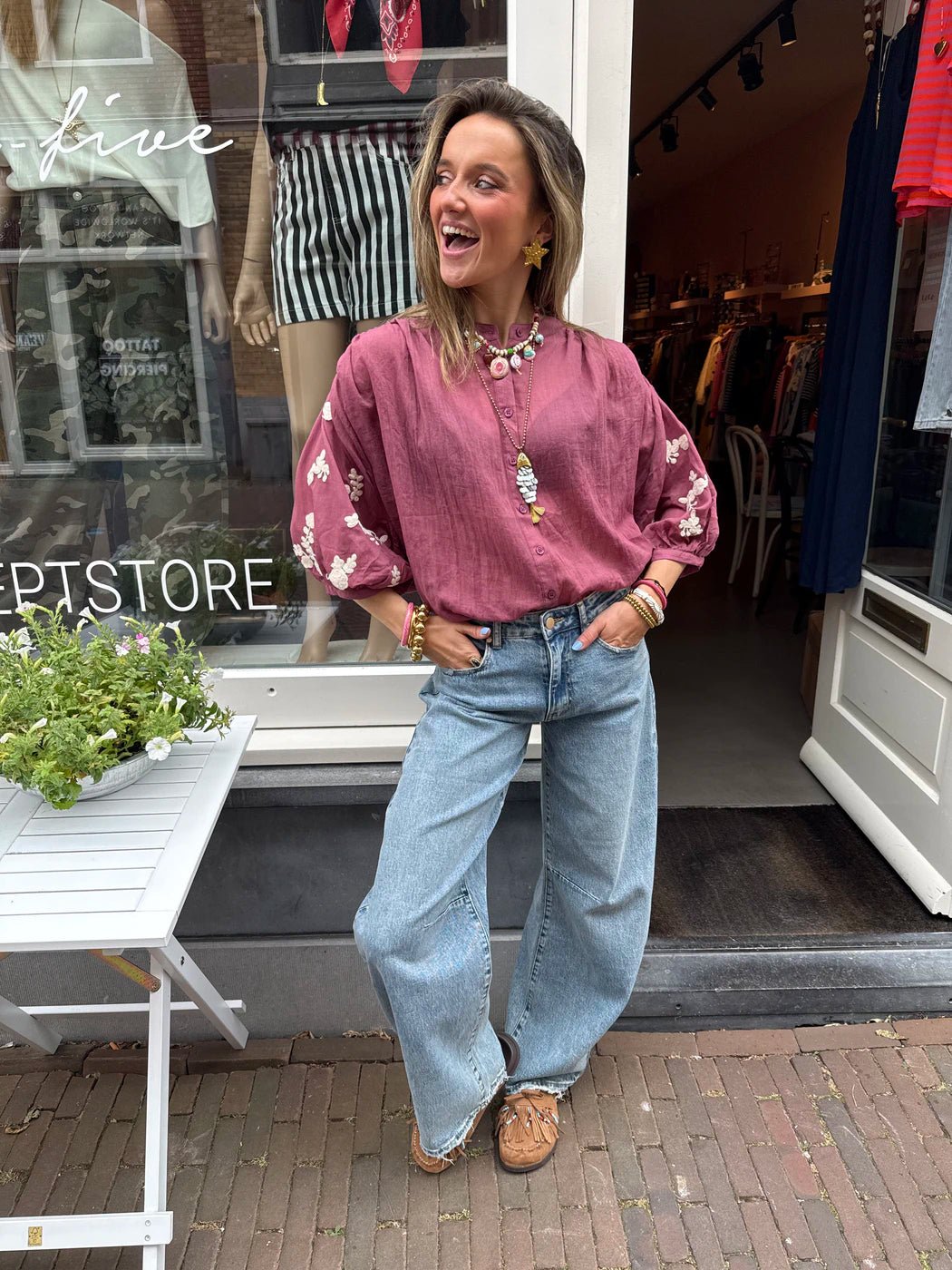 Celeste luchtige blouse geborduurd bloemen oud roze/wit - Project 35