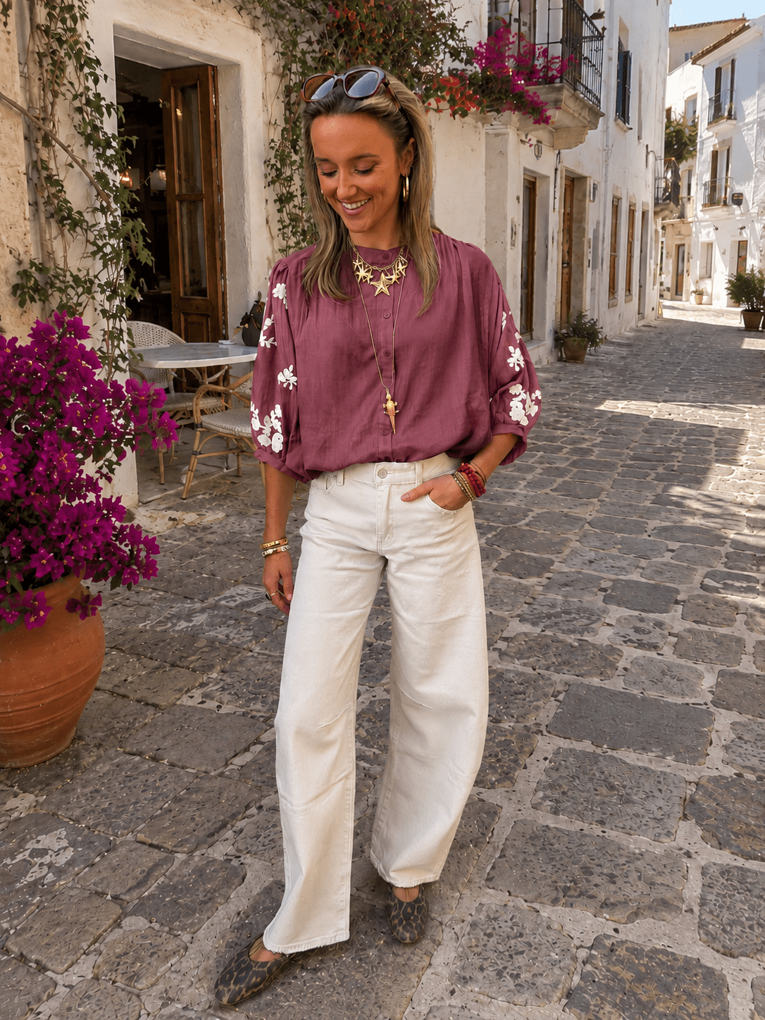 Celeste luchtige blouse geborduurd bloemen oud roze/wit - Project 35