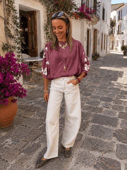 Celeste luchtige blouse geborduurd bloemen oud roze/wit - Project 35