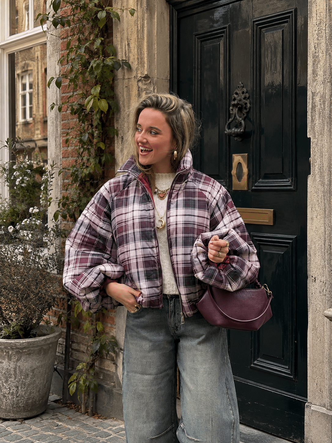 Dex geruite puffer pofmouw navy/bordeaux - Project 35