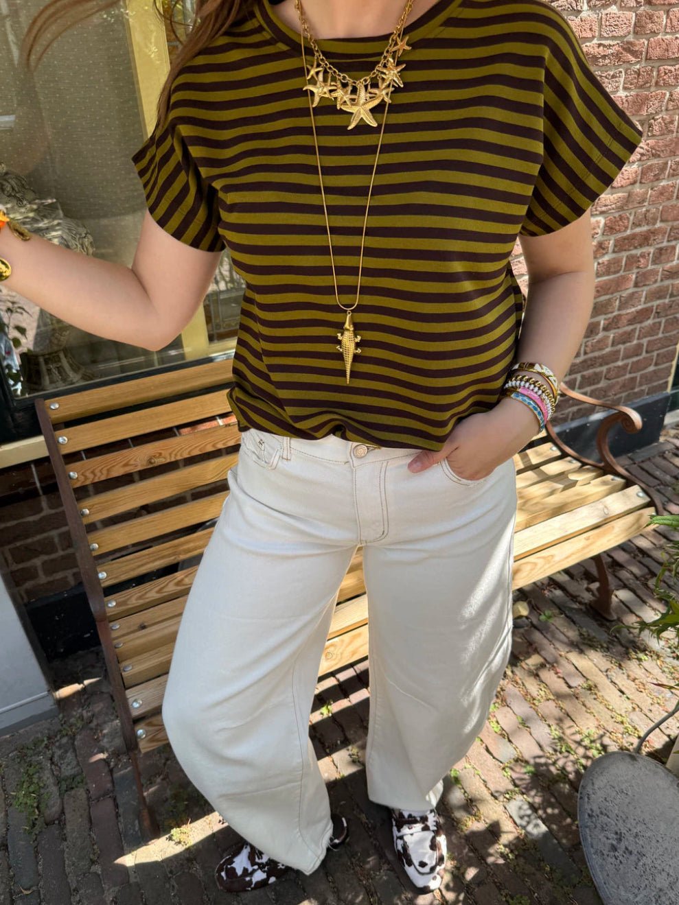 Doris gestreepte top mouwloos groen/bruin gestreept - Project 35