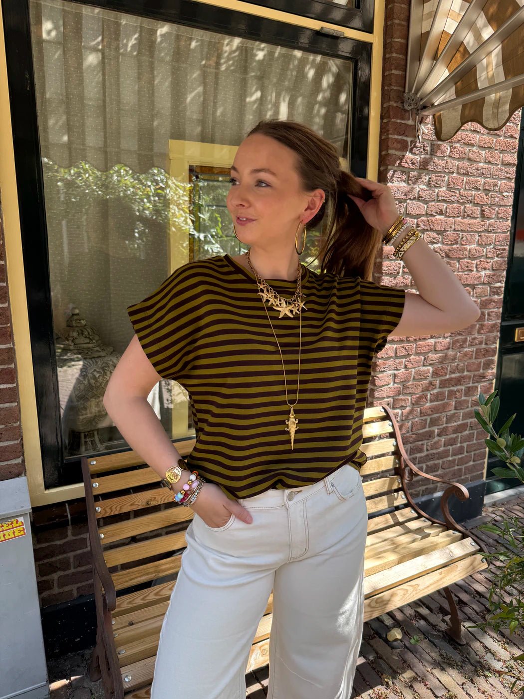 Doris gestreepte top mouwloos groen/bruin gestreept - Project 35