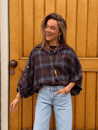 Fenna vleermuis blouse steentjes geruit bruin/blauw - Project 35